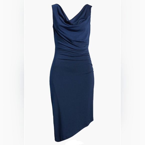 Sam Edelman Cowl Neck Ruched Jersey Midi Dress | Size LARGE Navy Blue - Picture 15 of 15